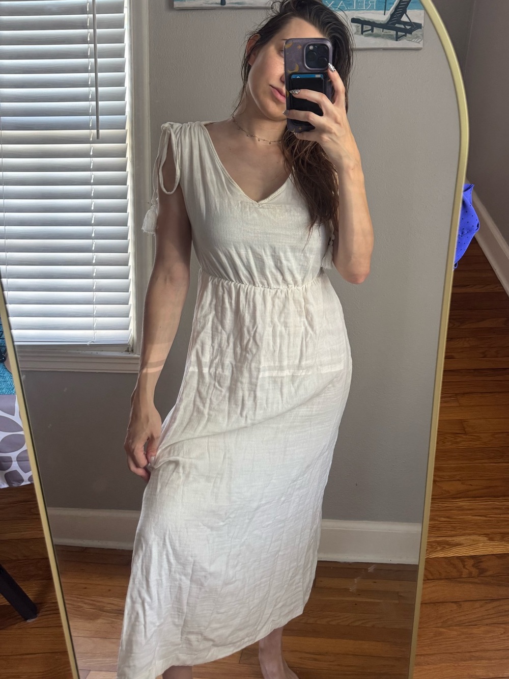 Women's Cream Tie-Shoulder V-Neck Maxi Dress